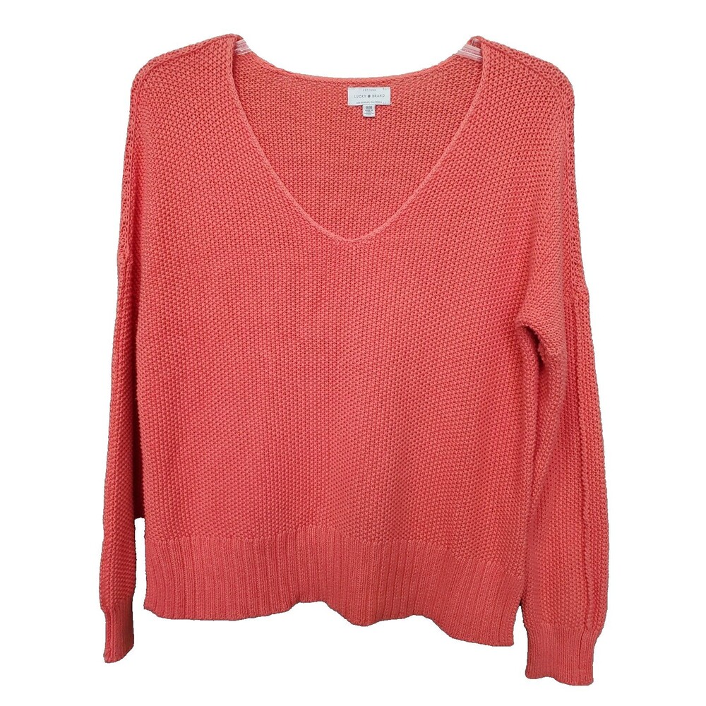 Lucky Brand Women's 100% Cotton Orange V-Neck Sweater Size Medium